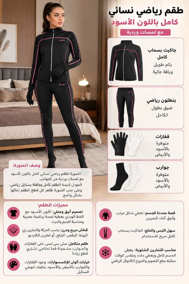 🏋️ طقم رياضي نسائي متكامل - أسود بلمسات وردية