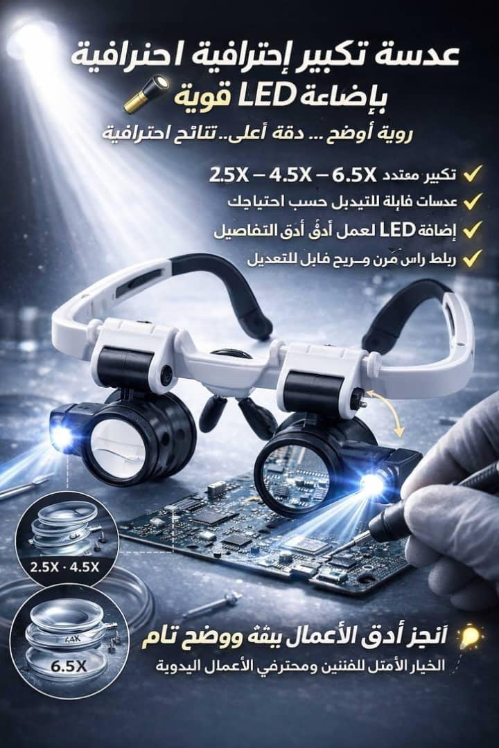 💡 عدسة تكبير احترافية برأس مريحة وإضاءة LED