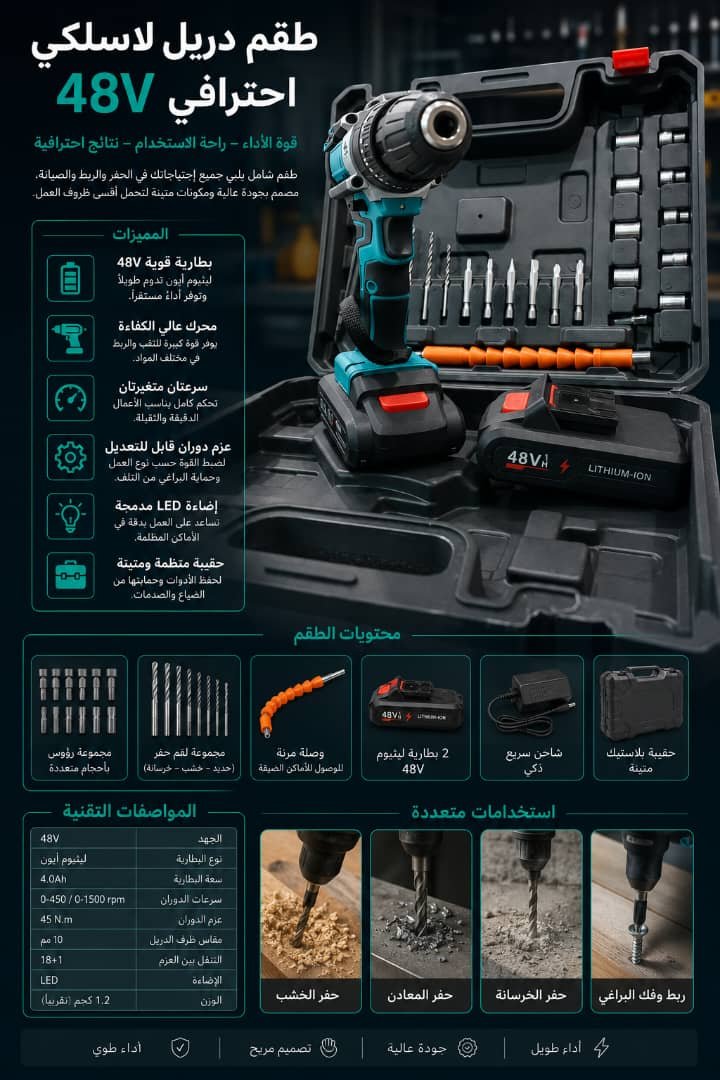 🛠️ طقم دريل لاسلكي احترافي 48V