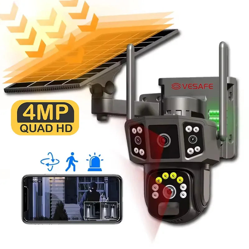 Q38 كاميرا مراقبة لاسلكية شمسية بعدسة مزدوجة بدقة 4MP وتتبع الحركة