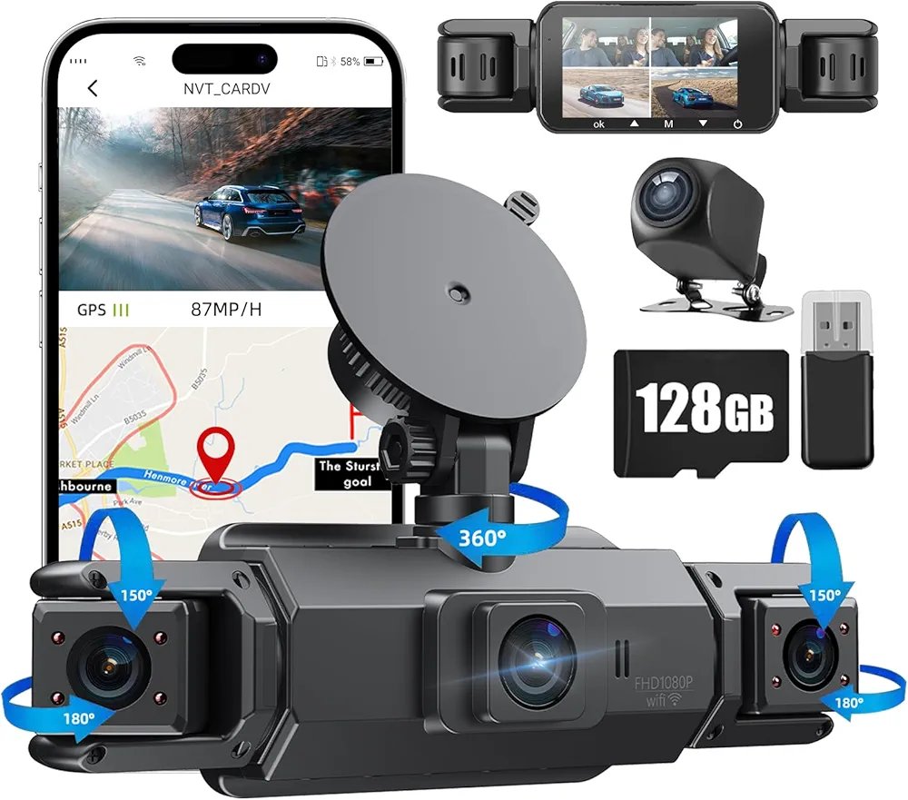 📷 نظام كاميرا داش ثلاثي العدسات مع GPS وواي فاي