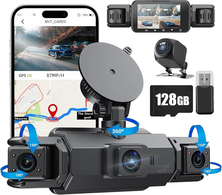 📷 نظام كاميرا داش ثلاثي العدسات مع GPS وواي فاي