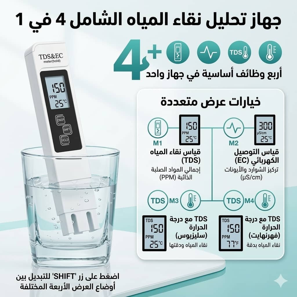 🏠 جهاز قياس نقاء الماء الشامل 4 في 1